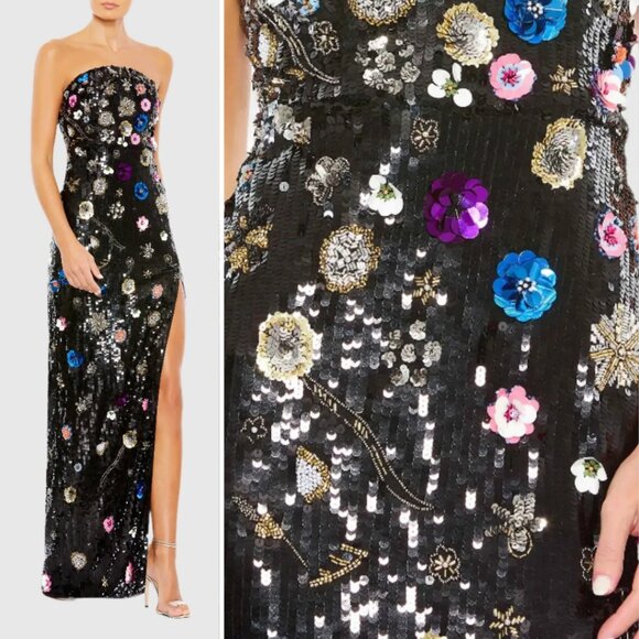 Mac Duggal Size 16 Black Floral Sequined Strapless Column Long Maxi Dress Gown - Picture 3 of 7